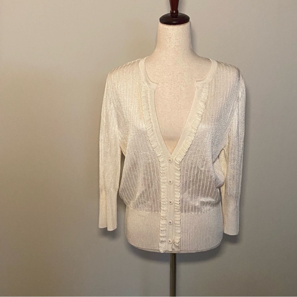St. John Collection Cream 3/4 Sleeve Ruffle Knit Cardigan – Size M